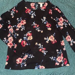 Sheer Floral Black Women's Top, ruffle sleeve details, women’s 10, M